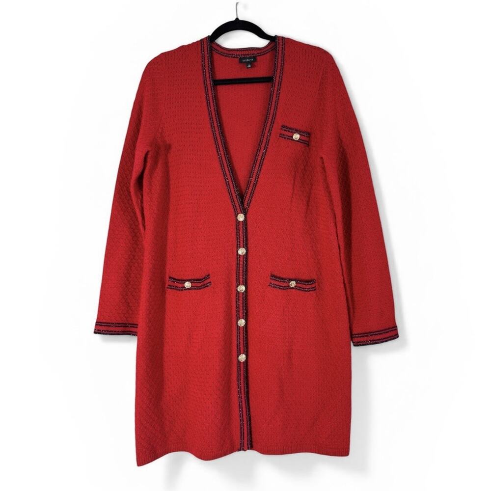Talbots Women's M Red Black Knit Button Cardigan Sweater Preppy Classic